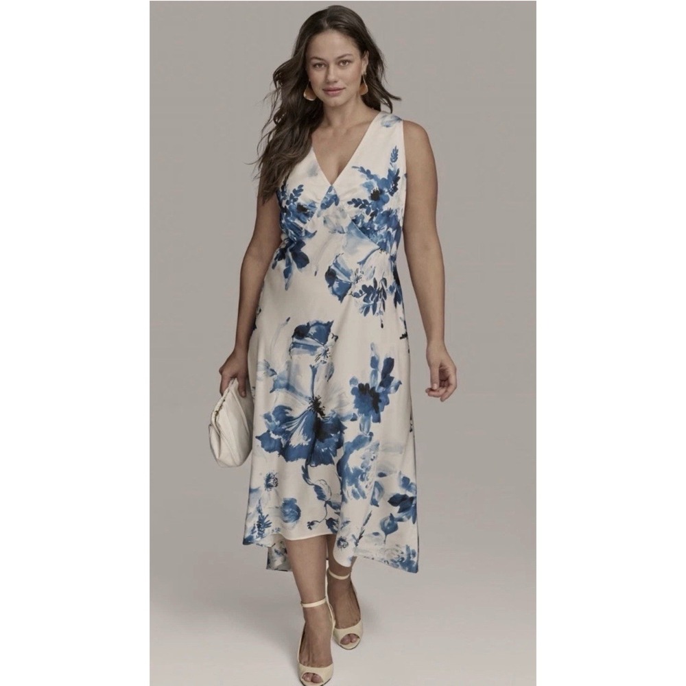 Donna Karan Plus Size Floral V-Neck High-Low Midi Dress 18W Satin New $179